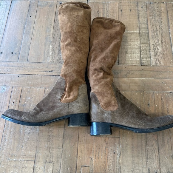 Prada Vintage Chestnut Tall Riding Boots Eu 38 US 7.5 Suede Embossed Block Heel - Picture 11 of 14
